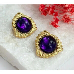 Vintage Gold Toned 80's Triangular Purple Crystal Ball Retro Stud Earrings